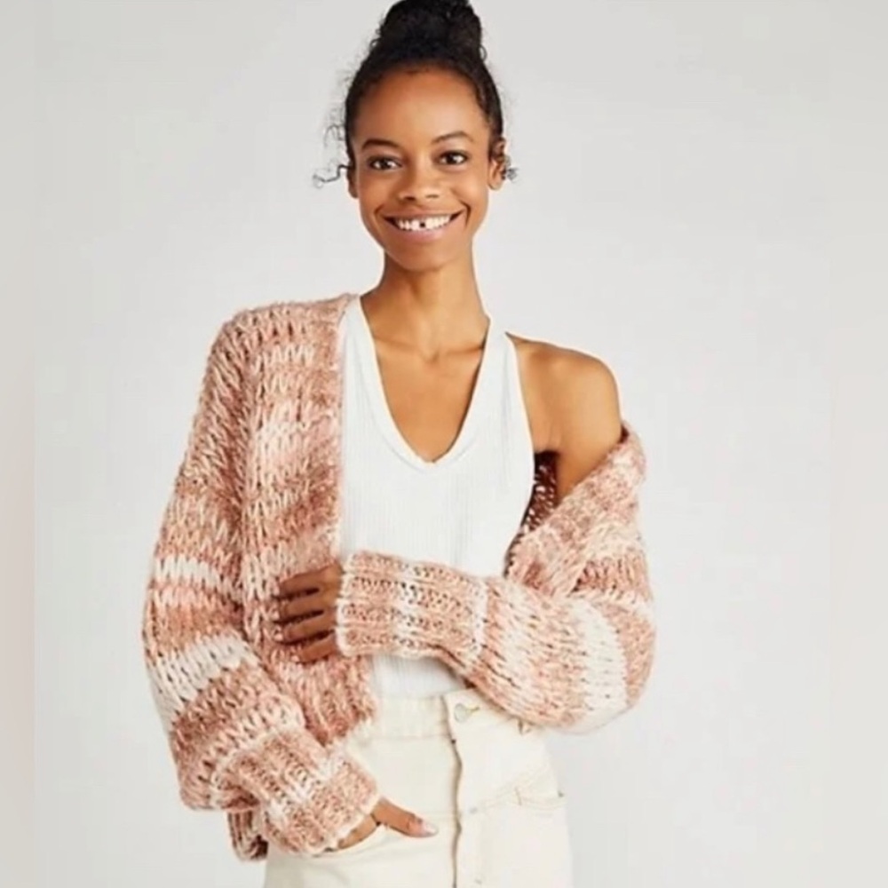 Free People Wanderer cardigan pink and white stripe knit